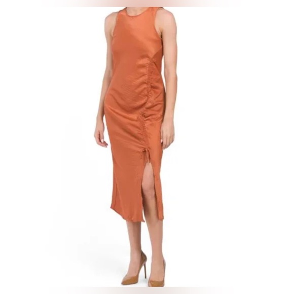 House of Harlow 1960 Auburn Burnt Orange Satin Cinched Midi Dress - Picture 2 of 3